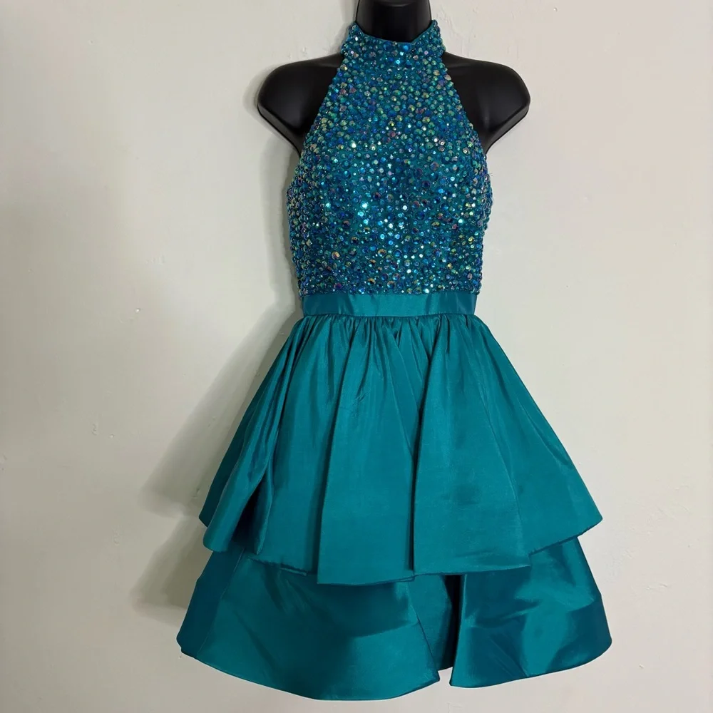Sherri Hill Teal Rhinestone Halter Homecoming/Cocktail Dress - Size: 2 - NWT - Picture 1 of 14